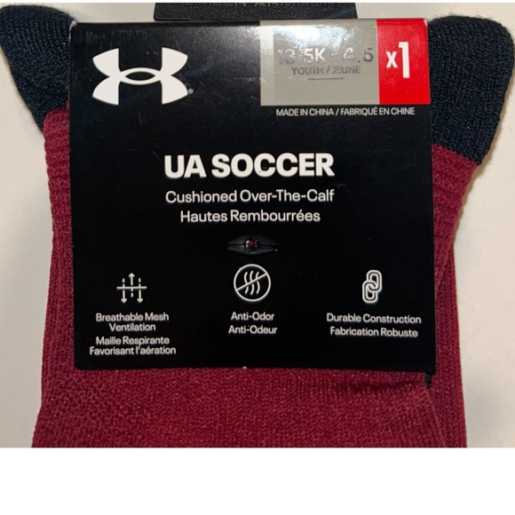 Under Armour UA OTC Soccer Socks 1 Pair Youth 13.5K-4.5 Cardinal Red White Logo - Picture 3 of 10